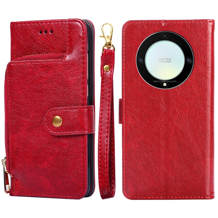 Red leather zipper phone case with folio flap, magnetic strap, and circular accessory badge.