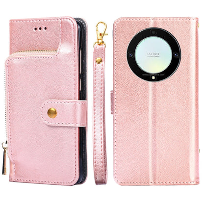 Rose pink leather phone case with zipper pouch and flip cover for front access