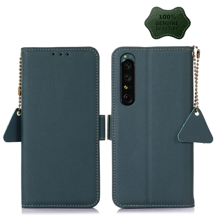 Genuine leather phone wallet case in dark teal with side magnetic closure and dangling strap