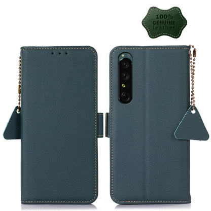 Genuine leather phone wallet case in dark teal with side magnetic closure and dangling strap