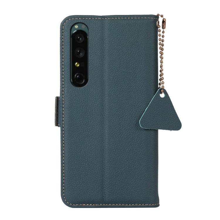 Dark teal genuine leather phone wallet case with camera cutout and side strap detail