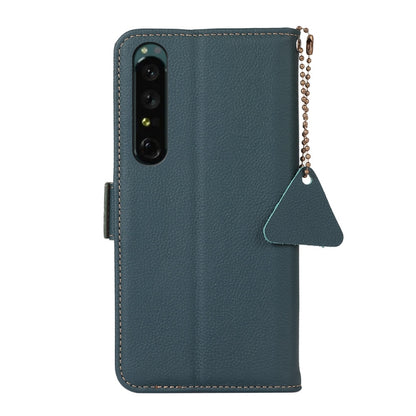 Dark teal genuine leather phone wallet case with camera cutout and side strap detail