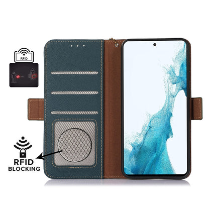 Teal genuine leather phone wallet case opened to show RFID blocking card slots