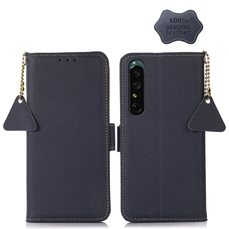Dark navy genuine leather phone wallet case with side magnetic closure and charm strap