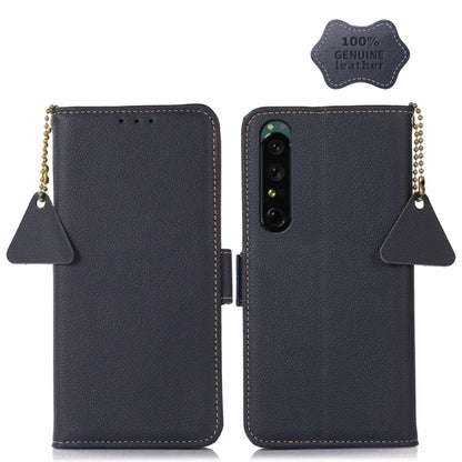 Dark navy genuine leather phone wallet case with side magnetic closure and charm strap