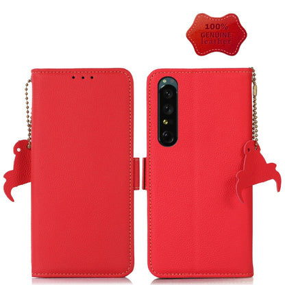 Red genuine leather phone wallet case with side magnetic closure and charm strap