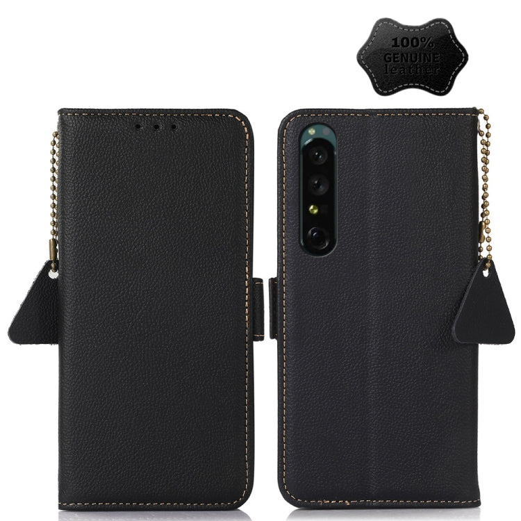 Black genuine leather phone wallet case with side magnetic closure and dangling strap