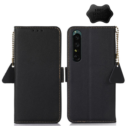 Black genuine leather phone wallet case with side magnetic closure and dangling strap