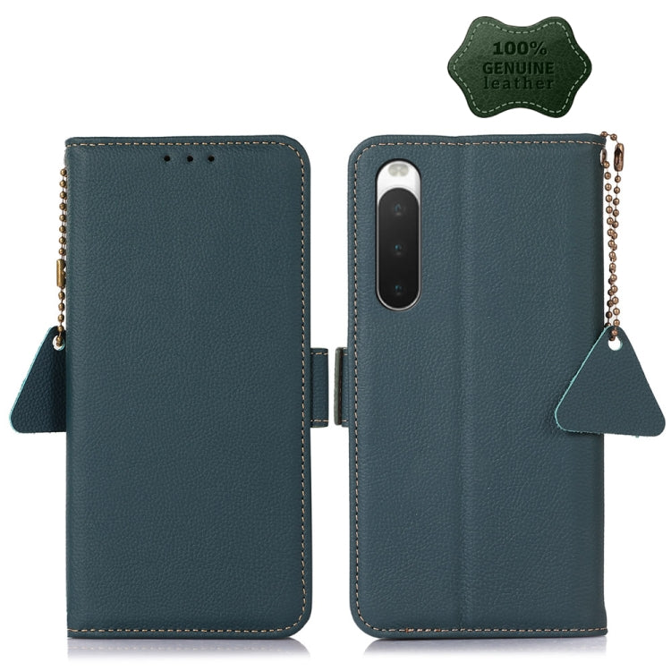 Dark teal genuine leather phone wallet case with camera cutout and side charm strap