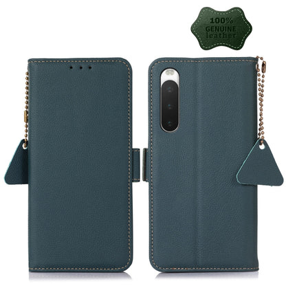 Dark teal genuine leather phone wallet case with camera cutout and side charm strap