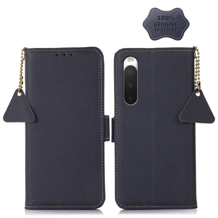 Genuine leather RFID phone case with magnetic closure, side lanyard chain, phone cutout