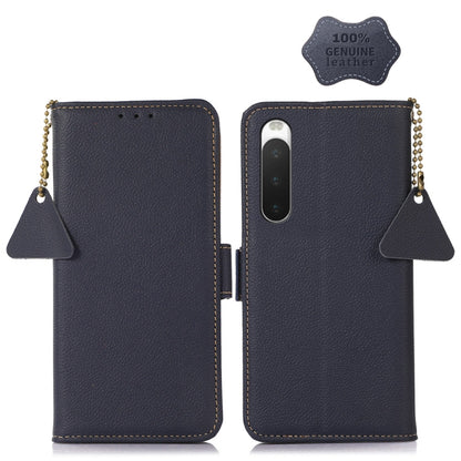 Genuine leather RFID phone case with magnetic closure, side lanyard chain, phone cutout