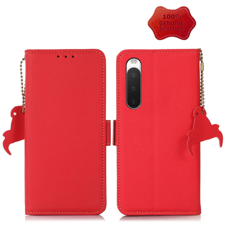 Genuine leather RFID phone case with magnetic closure, side lanyard chain, phone cutout