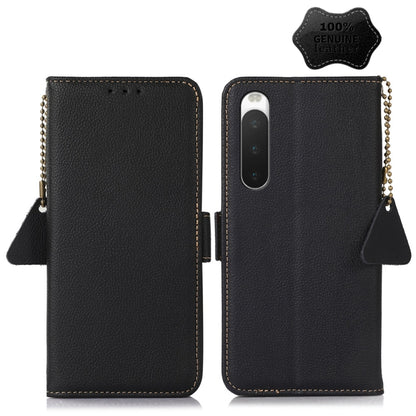 Genuine leather RFID phone case with magnetic closure, side lanyard chain, phone cutout