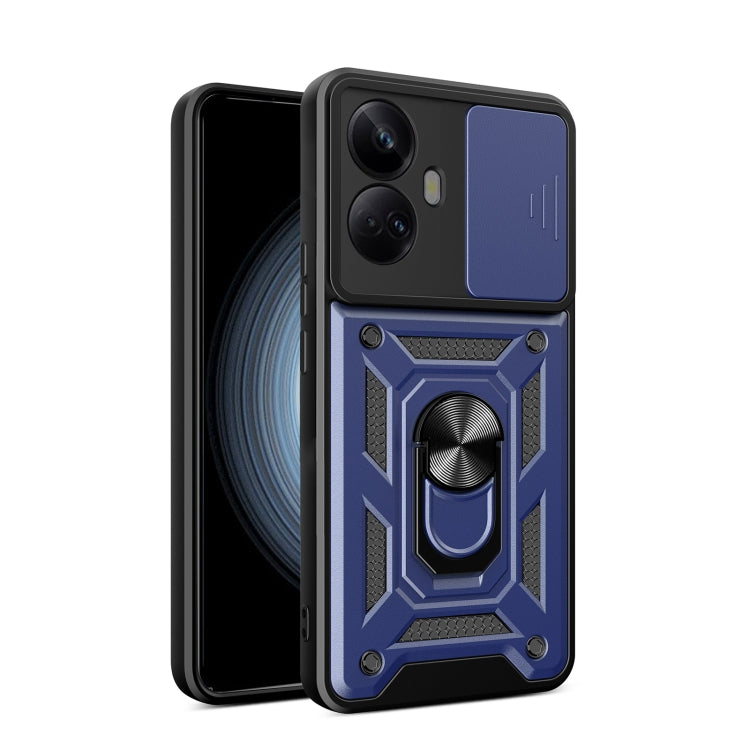 Blue sliding camera cover phone case with rugged metal-look back and raised corners