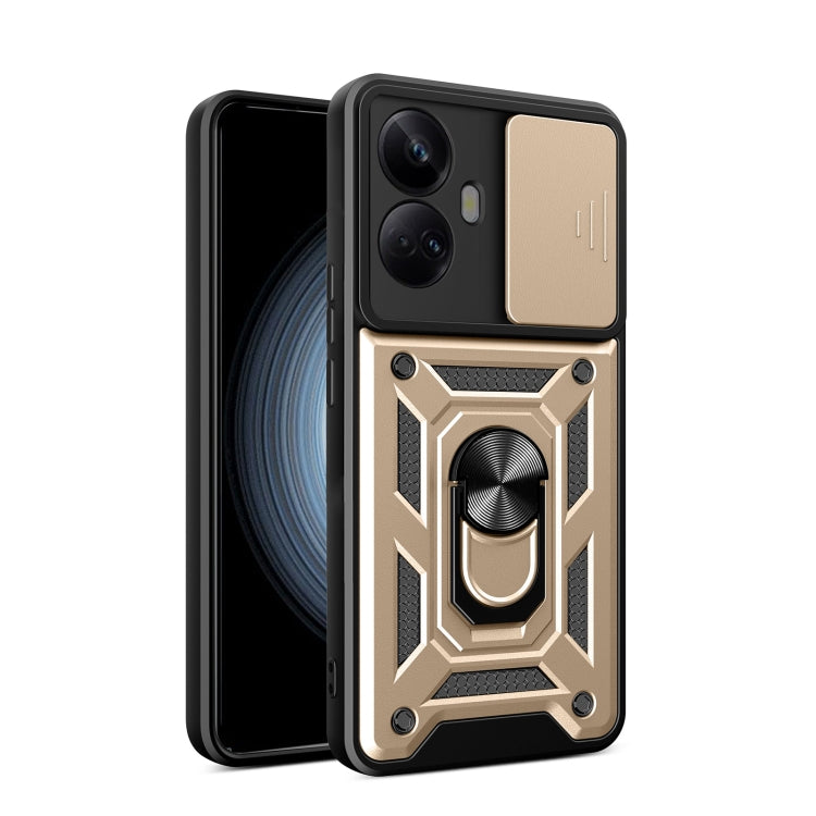 Gold sliding camera cover phone case with rugged armor pattern and raised camera cover