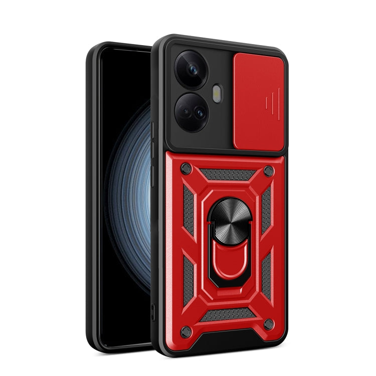 Red sliding camera cover phone case with rugged armor pattern and raised corner protection