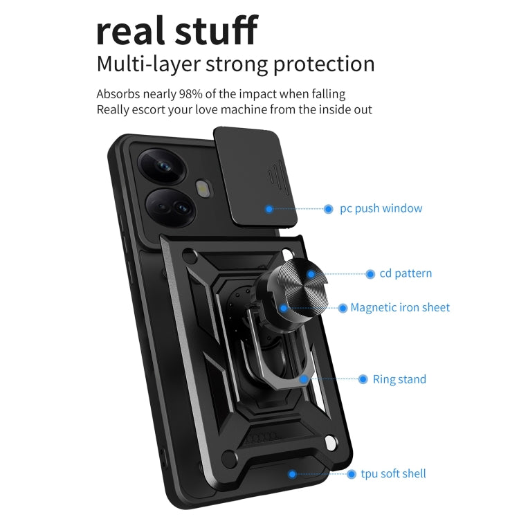 Rugged phone case with sliding camera cover, black multi-layer protection design