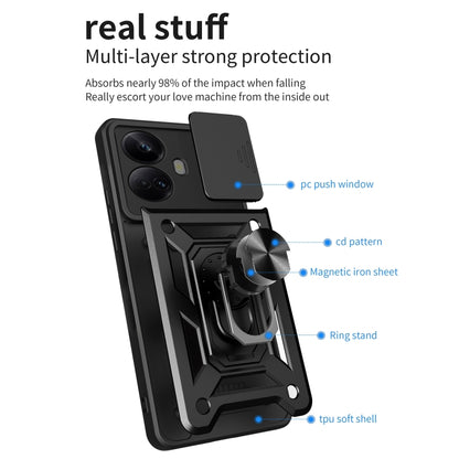 Rugged phone case with sliding camera cover, black multi-layer protection design