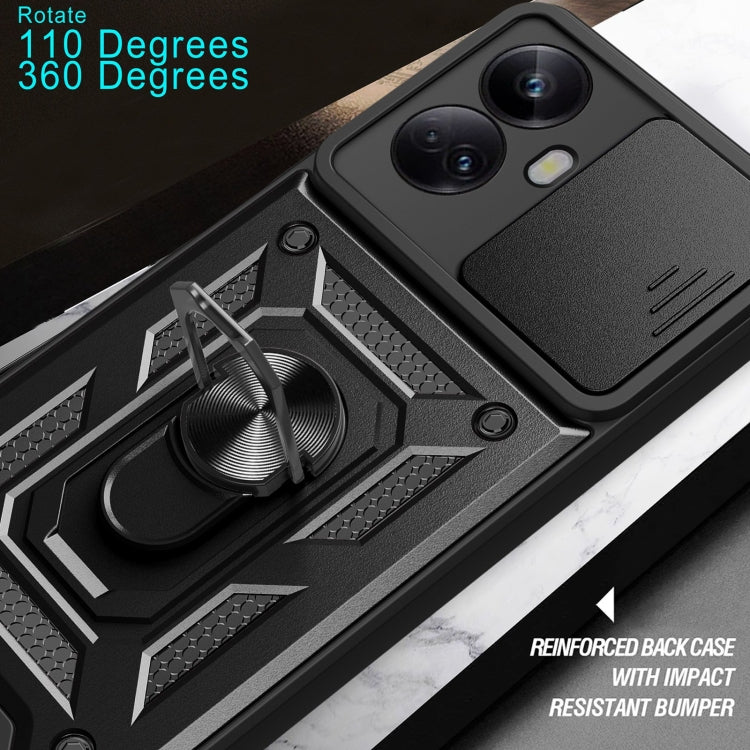 Rugged phone case with sliding camera cover, black reinforced bumper and ring stand