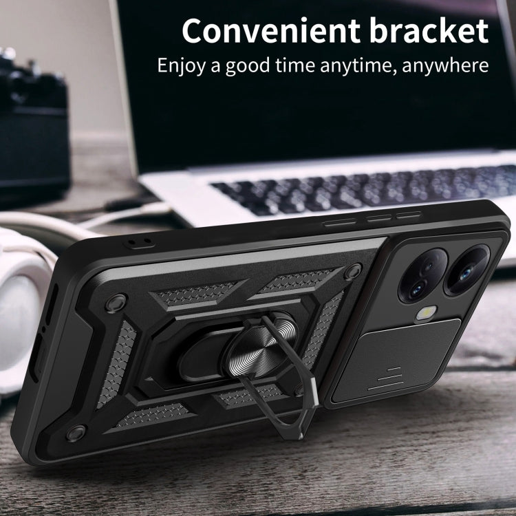 Phone case with sliding camera cover, black rugged frame with rotating kickstand