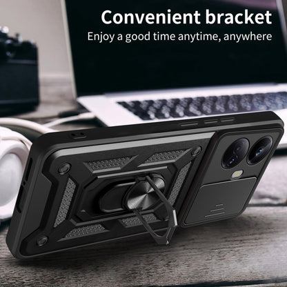Phone case with sliding camera cover, black rugged frame with rotating kickstand