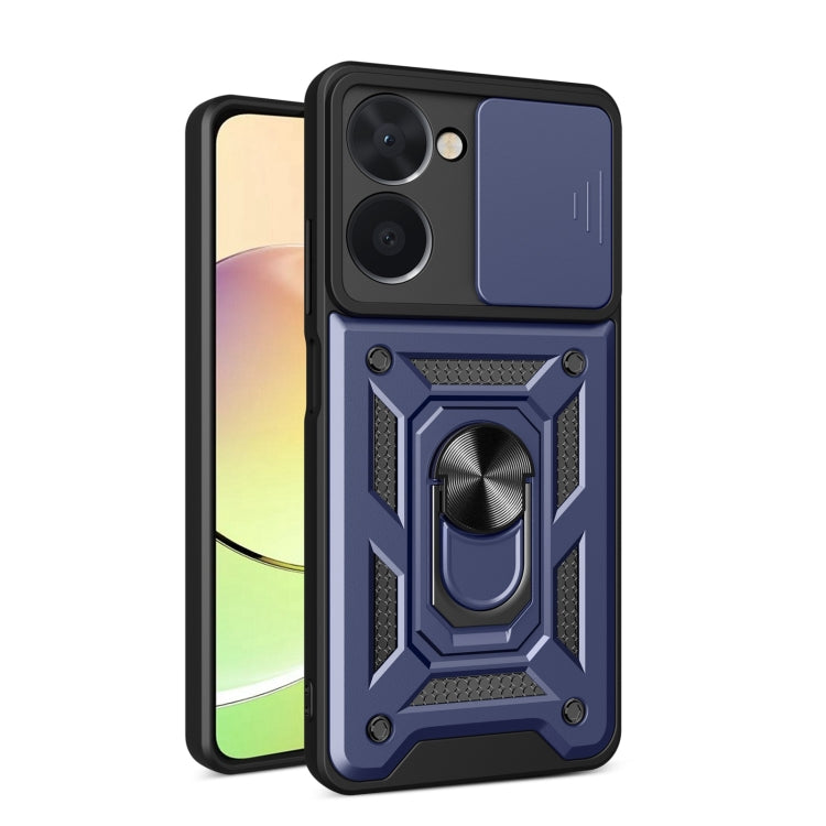 Blue sliding camera cover phone case with armored ring design and textured grips