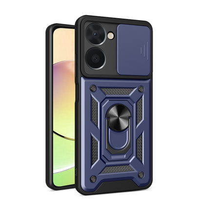 Blue sliding camera cover phone case with armored ring design and textured grips