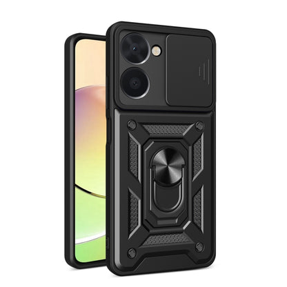 Black sliding camera cover phone case with armored ring detail and textured side grips