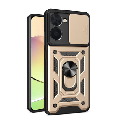 Gold sliding camera cover phone case with armored ring design and textured back
