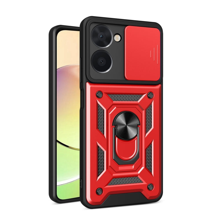 Red sliding camera cover phone case with armored ring detail and textured grip panels