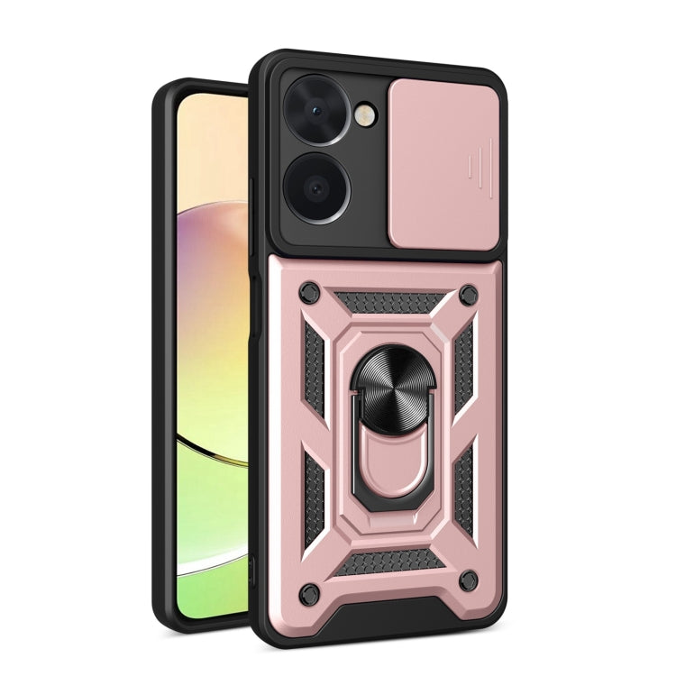 Rose gold sliding camera cover phone case with armored ring detail and textured back