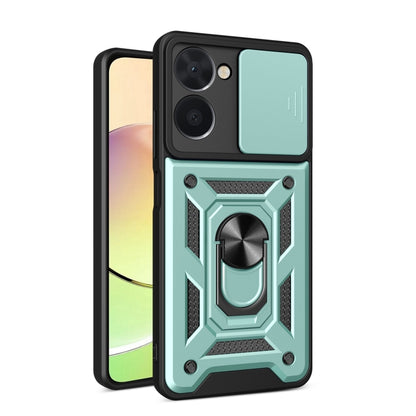 Phone case with sliding camera cover, black and teal rugged armor with ring grip