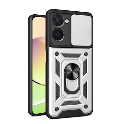 Phone case with sliding camera cover, black and white rugged armor with ring grip