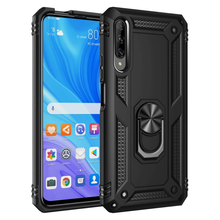 Black rugged protective phone case with metal ring holder and textured grip edges