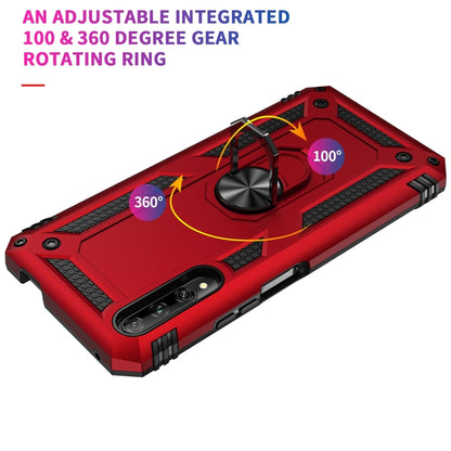 Red rugged phone case with 360-degree rotating metal ring holder and reinforced corners