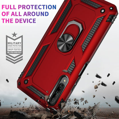 Red rugged phone case with metal ring kickstand and dual camera cutouts