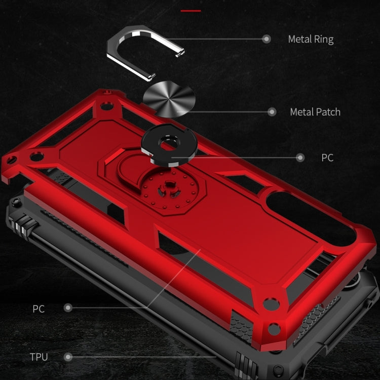 Layered case parts: TPU and PC panels with metal ring mount shown in red and black