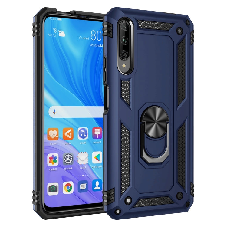 Blue rugged shockproof phone case with rotating metal ring kickstand and camera cutout