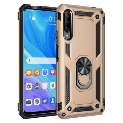 Beige/gold rugged protective phone case with metal ring holder and textured corner guards