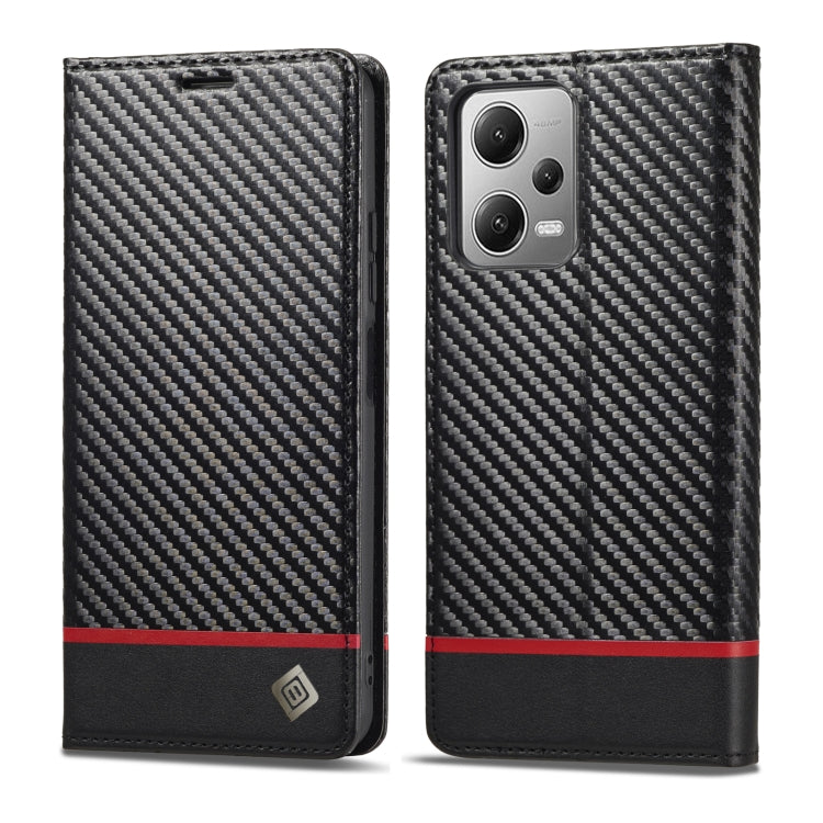 LC.IMEEKE carbon fiber texture flip phone case, black with red stripe, front and back view