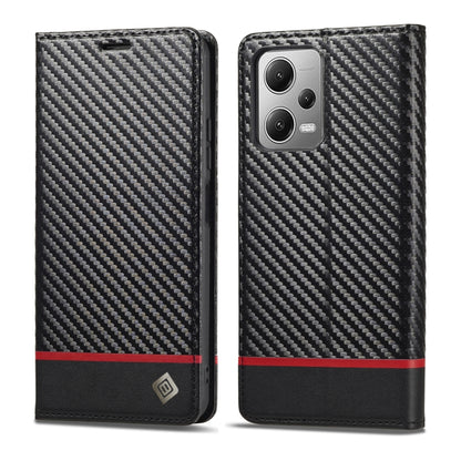 LC.IMEEKE carbon fiber texture flip phone case, black with red stripe, front and back view
