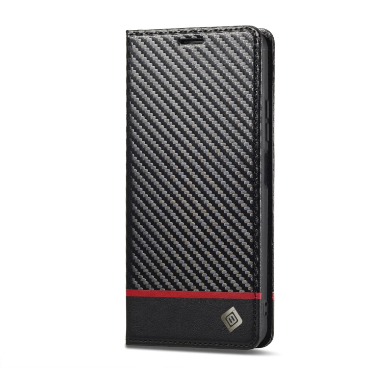 LC.IMEEKE flip phone case with carbon fiber texture, black and red stripe, front view