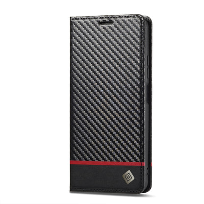 LC.IMEEKE flip phone case with carbon fiber texture, black and red stripe, front view