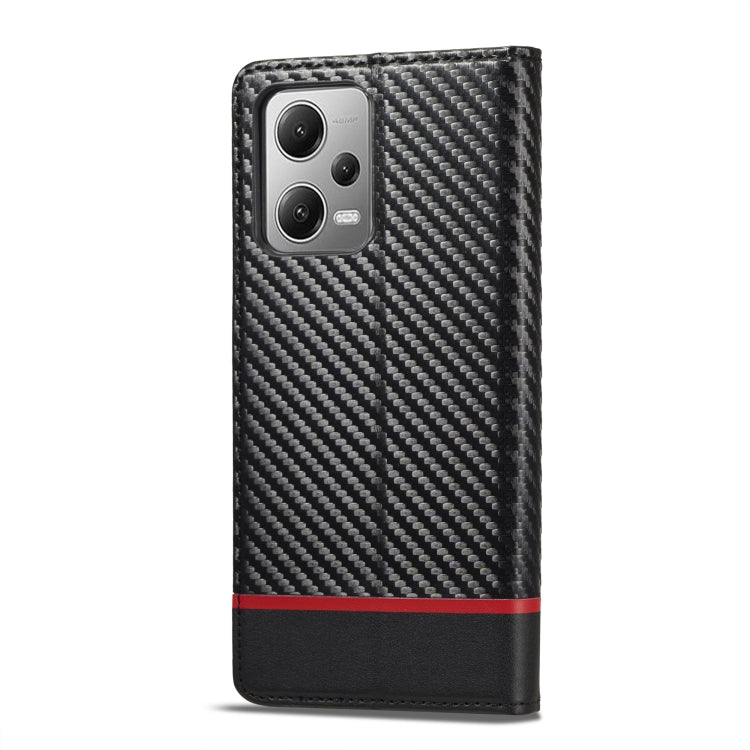 LC.IMEEKE flip phone case, black carbon fiber texture with red stripe, back camera cutout