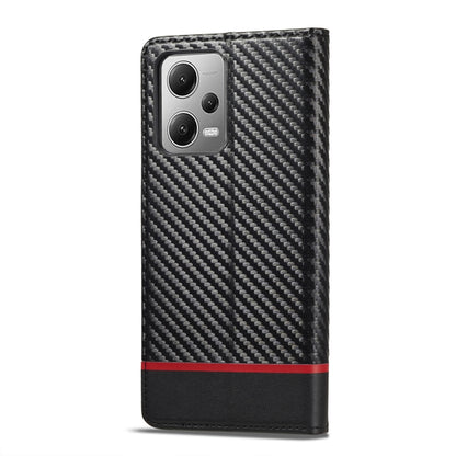 LC.IMEEKE flip phone case, black carbon fiber texture with red stripe, back camera cutout