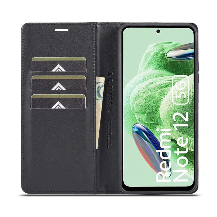 LC.IMEEKE flip wallet phone case, black with carbon fiber texture, card slots inside