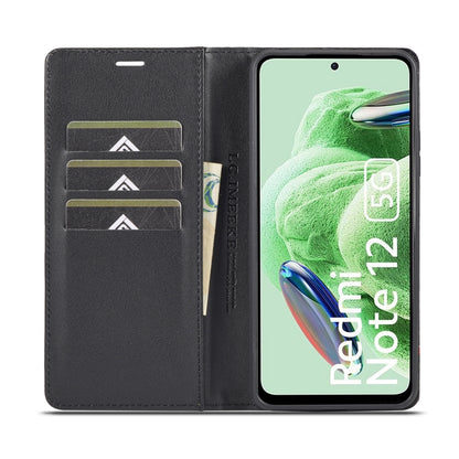 LC.IMEEKE flip wallet phone case, black with carbon fiber texture, card slots inside