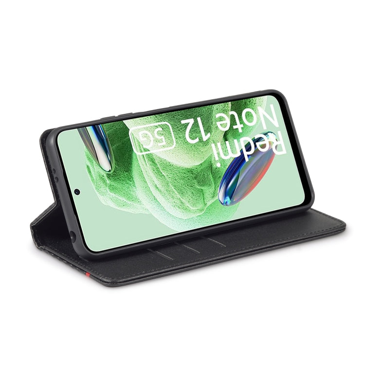 LC.IMEEKE flip phone case with stand, black carbon fiber texture and red stripe