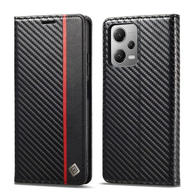 LC.IMEEKE flip phone case with carbon fiber texture, black with red stripe, side profile